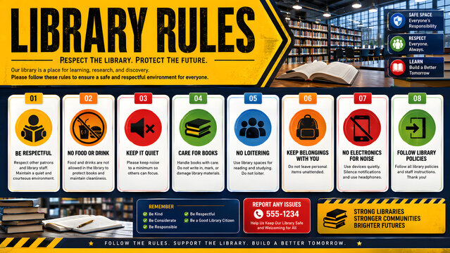 Library rules infographic board with colorful icons and signs for school or public study area