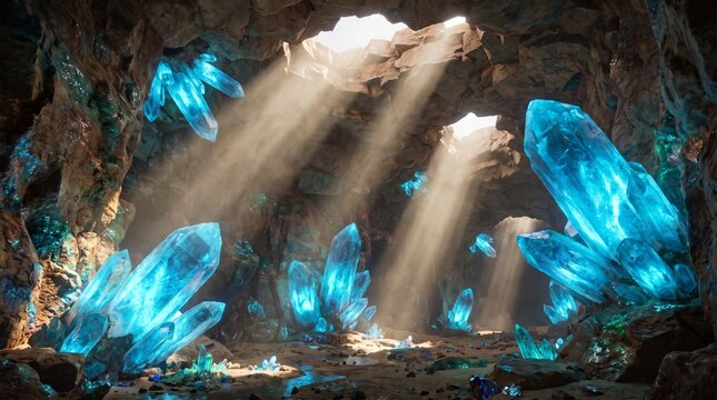 Glowing blue crystals inside a cavern with bright natural sunlight streaming down from above in this cinematic and magical scene