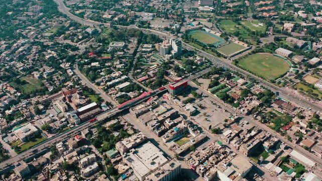 Wide Aerial View of Rawalpindi Cantonment Showing Metrobus Station Church and Sports Stadiums Pakistan