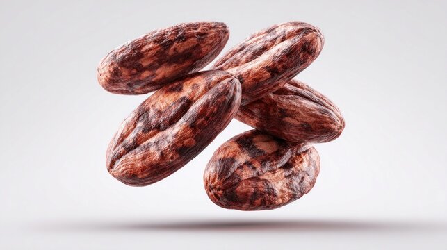 Raw cacao pods floating gracefully in studio light