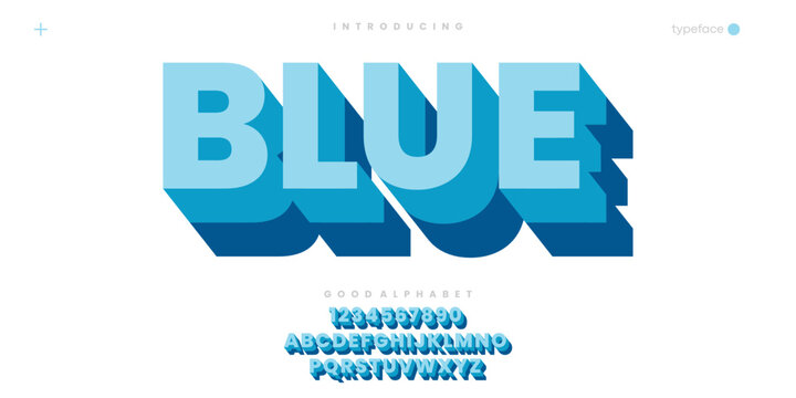 Blue futuristic minimalist display font design, alphabet, typeface, letters and numbers, typography.