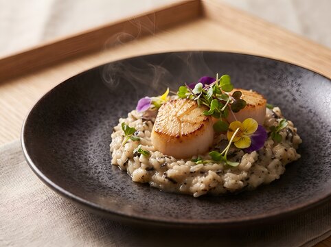 Pan seared scallops served over creamy wild mushroom risotto garnished with fresh edible garden flowers with accented delicate microgreens colorful edible flowers