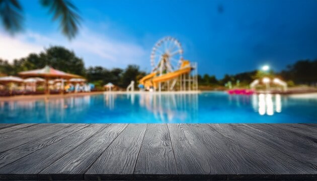 the empty black wooden table top with blur background of water park for product display