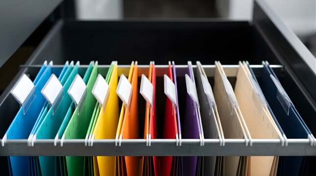Colorful hanging file folders organized in a metal office drawer