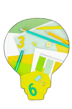 Back to School, STEM concepts, composition of educational supplies within a light bulb silhouette