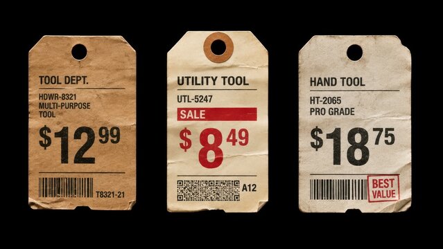 Three worn paper price tags isolated on black background