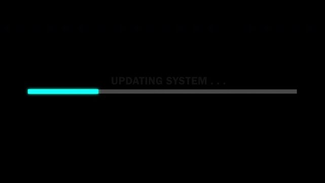 loading bar update system blue color with updating system text with blinking animation on transparent background, 4k video
