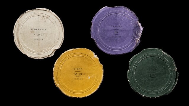 Four worn circular paper labels isolated on black background