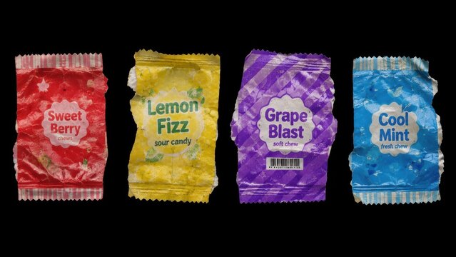 Four colorful crumpled candy wrappers isolated on black background