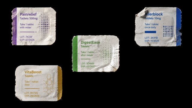 Four worn tablet packet wrappers isolated on black background