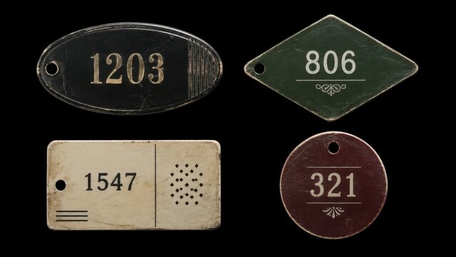 Four vintage numbered metal and plastic tags on black background