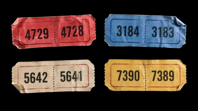 Set of colored torn numbered raffle tickets on black background