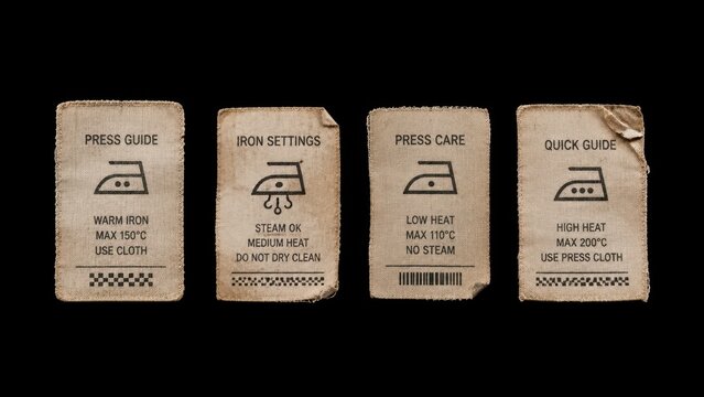 Four worn fabric care and ironing instruction labels on black