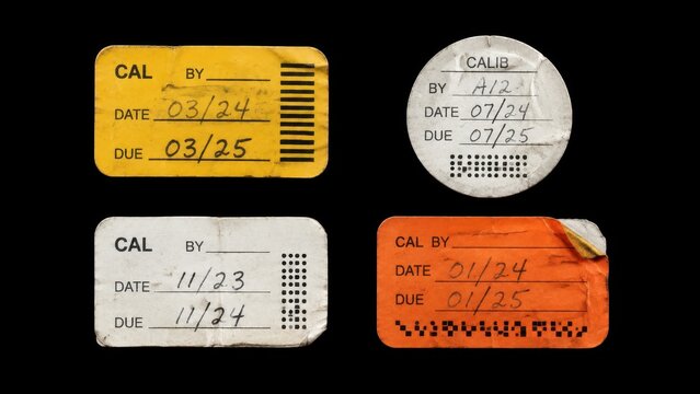 Four worn calibration labels isolated on black background