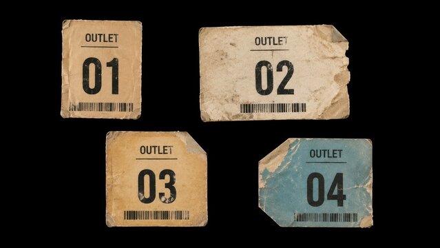 Set of worn outlet number tags isolated on black background
