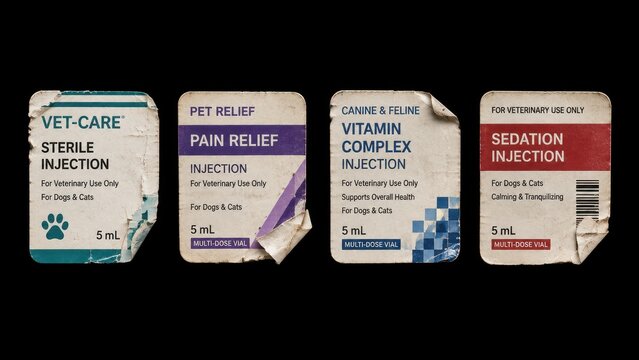 Worn veterinary medicine labels isolated on black background