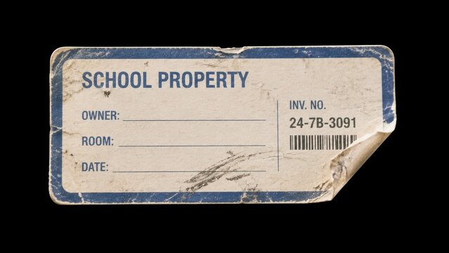 Worn school property inventory label isolated on black