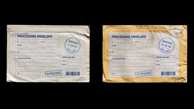 Two worn processing envelopes isolated on black background