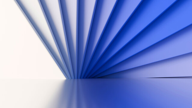 Abstract 3D blue geometric paper fan background with white gradient and reflection. Minimalist design for corporate, technology, creative business presentations, and web headers