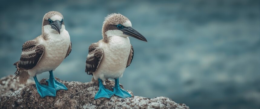 Blue Footed Boobies Standing on a Rock by the Ocean in Soft Light
