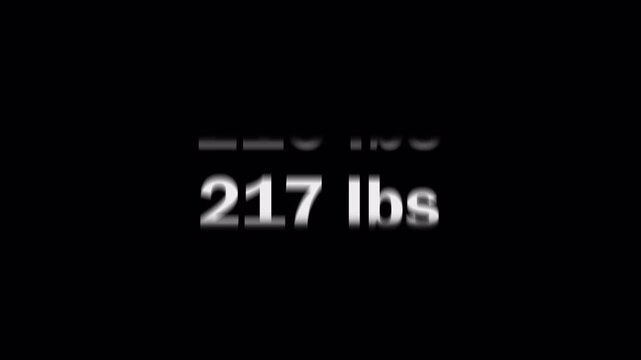 scrolling weight counter number lbs form 0 lbs to 220 lbs on transparent background