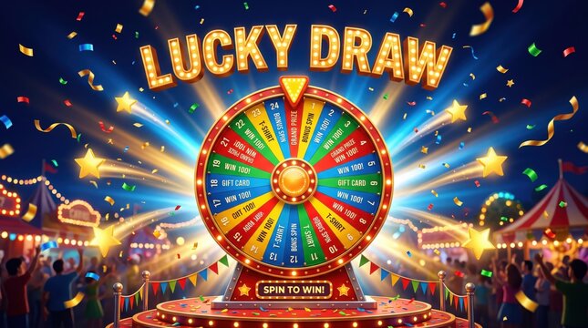 Lucky draw prize wheel game with colorful spinning segments on a festive carnival stage at night with glowing lights and confetti