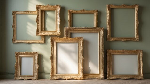 Gold Ornate Picture Frames Arranged on a Green Wall with Soft Light