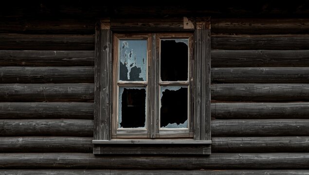 Abandoned Cabin Window with Broken Glass on a Weathered Log Wall
