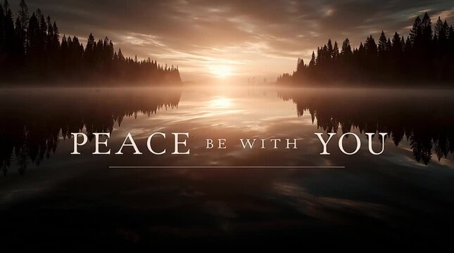 A gentle sunrise over a calm lake with soft morning mist and elegant serif typography reading &ldquo;PEACE BE WITH YOU.&rdquo; A peaceful Christian-inspired nature background symbolizing serenity, hope and spirit
