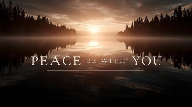A gentle sunrise over a calm lake with soft morning mist and elegant serif typography reading &ldquo;PEACE BE WITH YOU.&rdquo; A peaceful Christian-inspired nature background symbolizing serenity, hope and spirit