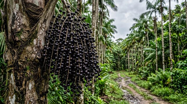 Tight close-up showcases a heavy cluster of dark glossy purple acai berries hanging from a palm trunk within a tropical jungle plantation.