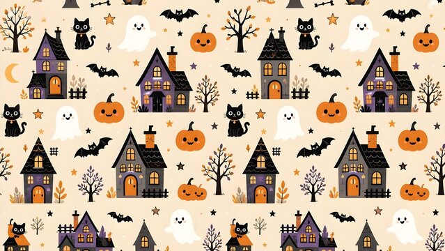 Seamless cute Halloween pattern with haunted houses, smiling ghosts, black cats, pumpkins, bats, stars, dead trees and crescent moon. Kawaii hand-drawn illustration style. Orange, purple, black and cr
