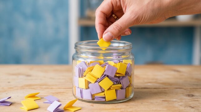 Person putting a small yellow paper note into a glass jar filled with colorful paper scraps on a wooden table in an office room
