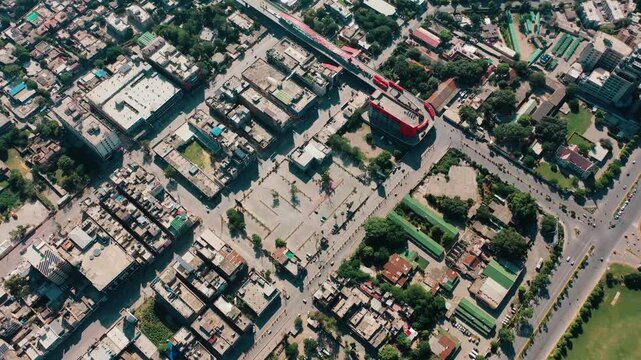 Panoramic Aerial Footage of Urban Cantonment Area with Transit Corridor and Green Sports Fields Pakistan