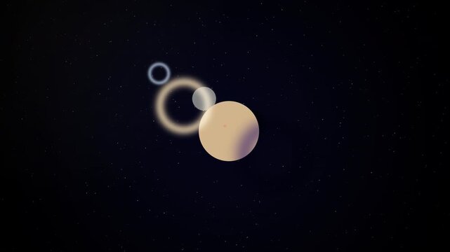 Pluto and Charon Orbit: An animation showing two celestial bodies with glowing orbital rings rotating in a dark, starry space environment