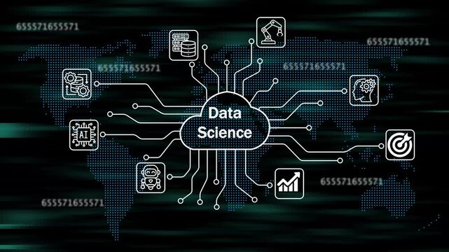 data science icons for software services on cloud system. Strategic business success. Business concept. Internet and networking technology. 4k animation video 