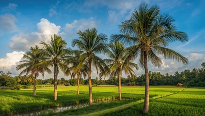 Fototapeta premium Lush Green Rice Fields with Tall Palm Trees Under a Blue Sky