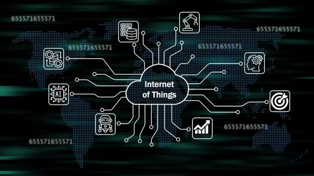INTERNET OF THINGS icons for software services on cloud system. Strategic business success. Business concept. Internet and networking technology. 4k animation video 