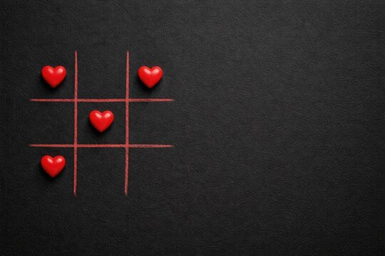 Hearts in Tic Tac Toe Grid on Black Background with Red Lines