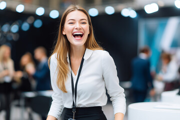 Obraz premium Portrait of happy smiling confident young very attractive businesswoman CEO professional manager entrepreneur in a skirt attending a business convention looking at camera