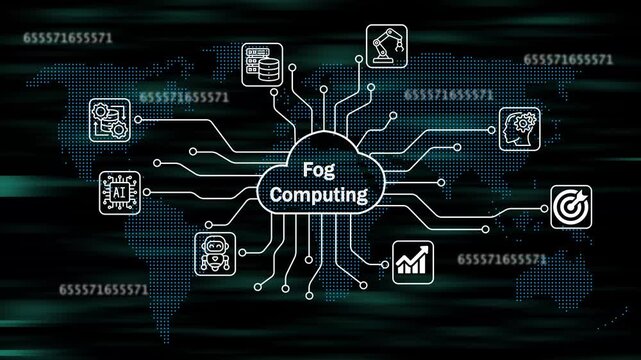 fog computing icons for software services on cloud system. Strategic business success. Business concept. Internet and networking technology. 4k animation video 