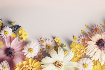 Obraz premium A spring background with pastel-coloured flowers is a natural work of art that shows the beauty and joy of the season. The soft colour palette, from pale pink to light yellow, creates a sense of calm and serenity in any space.on to the background, while the overall ambience is fresh and vibrant. This background is perfect for adding a touch of spring to any design project, whether for an advertisement, a website, or to decorate a room. The delicate and elegant flowers add a touch of elegance and sophisticat, AI generated