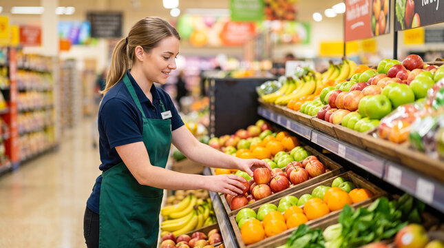A worker is putting fresh apples on the display in a grocery store. Customers are seen shopping in the background. The scene shows a variety of fruits on shelves