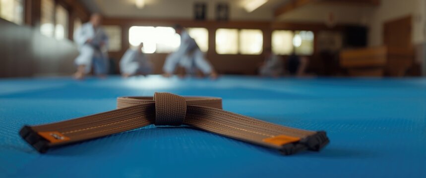 Brown Karate Belt on Blue Mat with Training in Background