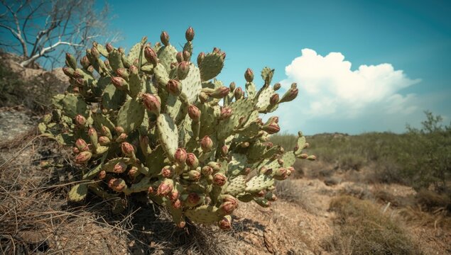 Lush opuntia cactus bearing fruits in wild environment with copy space