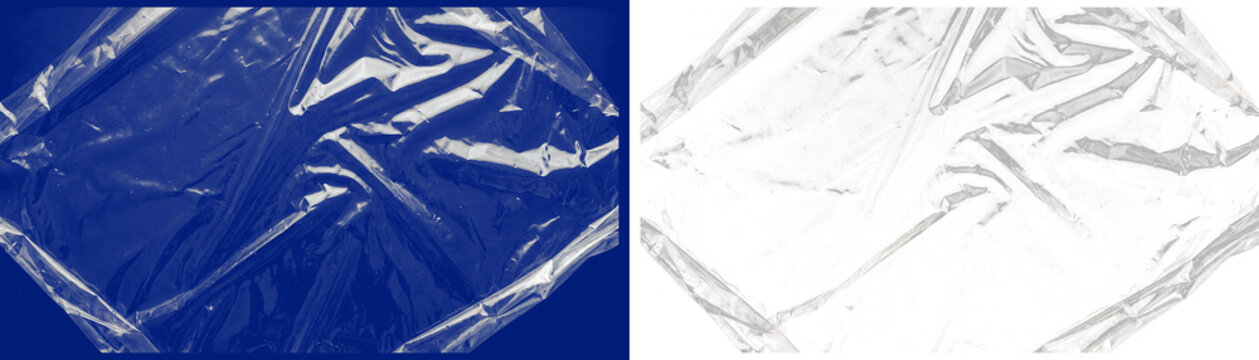 Crumpled plastic wrap texture on blue background, transparent cling film overlay with wrinkles, glossy polyethylene stretch film for packaging mockup