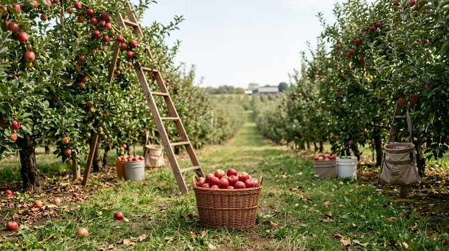 Woven basket full of ripe red apples in a green orchard. Autumn fruit harvesting on a farm with wooden ladder and trees
