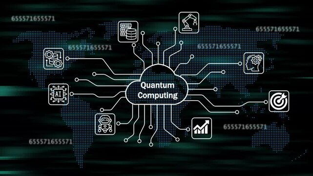 quantum computing icons for software services on cloud system. Strategic business success. Business concept. Internet and networking technology. 4k animation video 