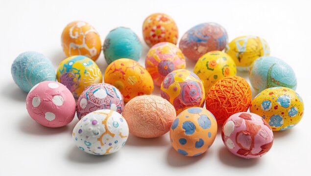 Colorful Decorated Easter Eggs Arranged on White Surface in Playful Design