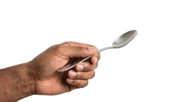 Hand tightly gripping a stainless steel spoon by its curved handle showing its bright polished bowl as a cutout PNG isolated on transparent background